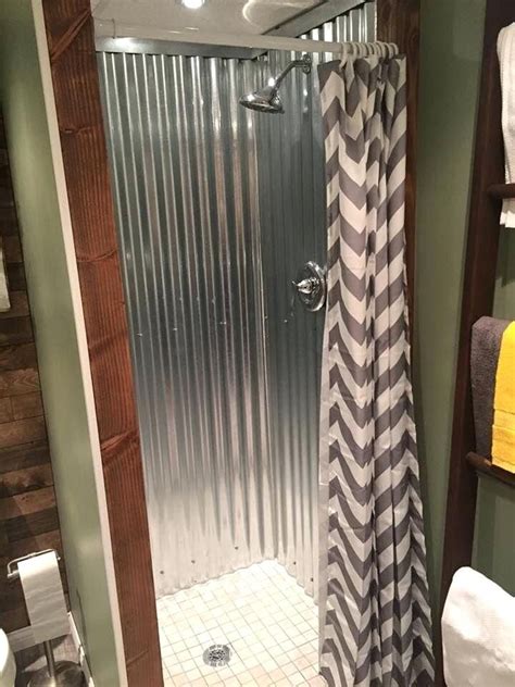 using metal roofing material as a shower enclosure|shower corrugated metal trim.